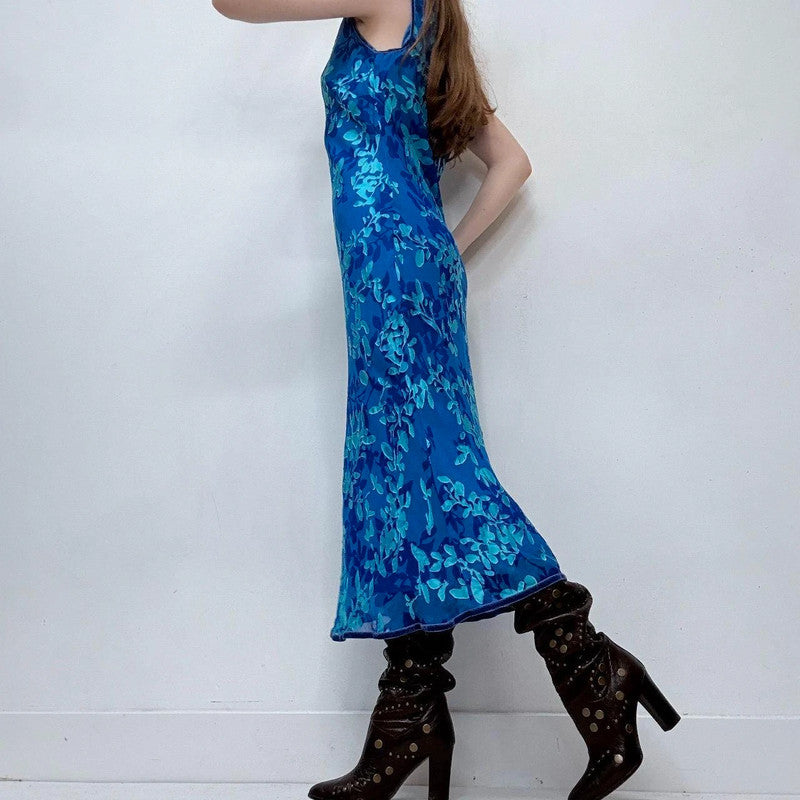 blue floral embossed silk bias cut dress