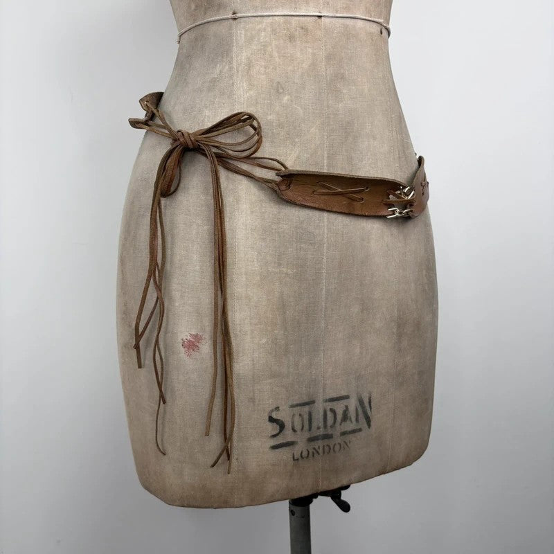 Boho tan leather belt with gold chain and tassel suede