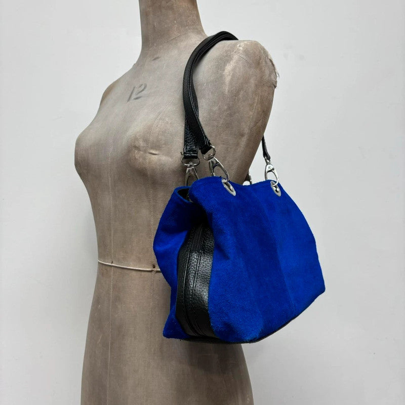 blue suede shoulder bag