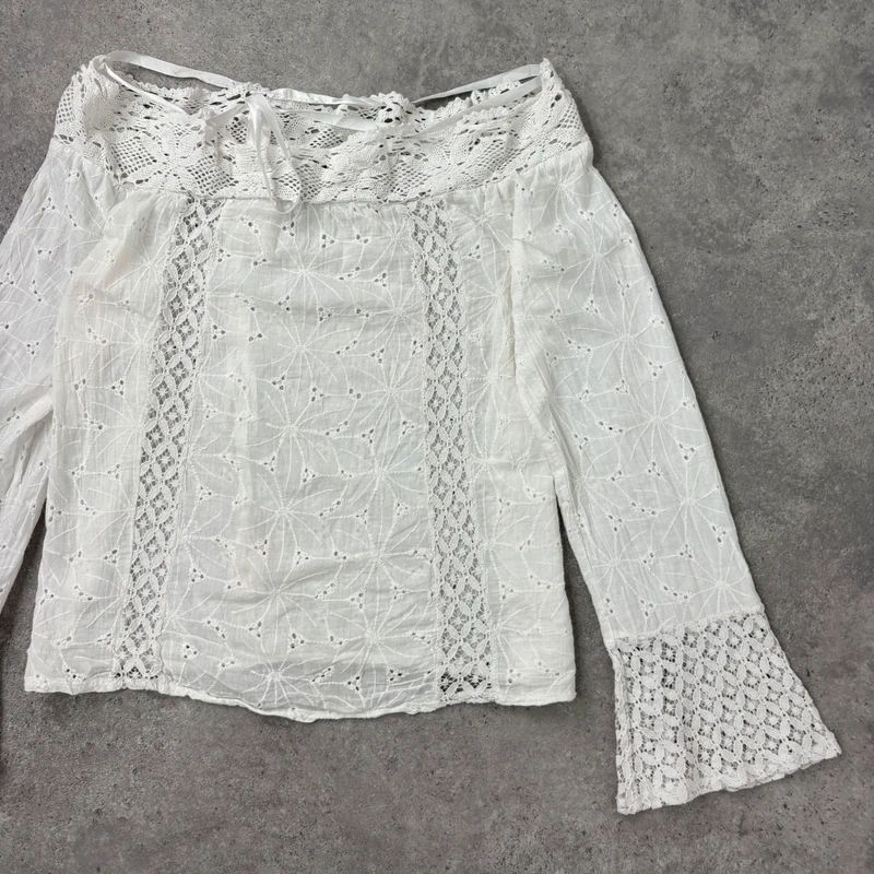 white lace embroidered off the shoulder lace blouse