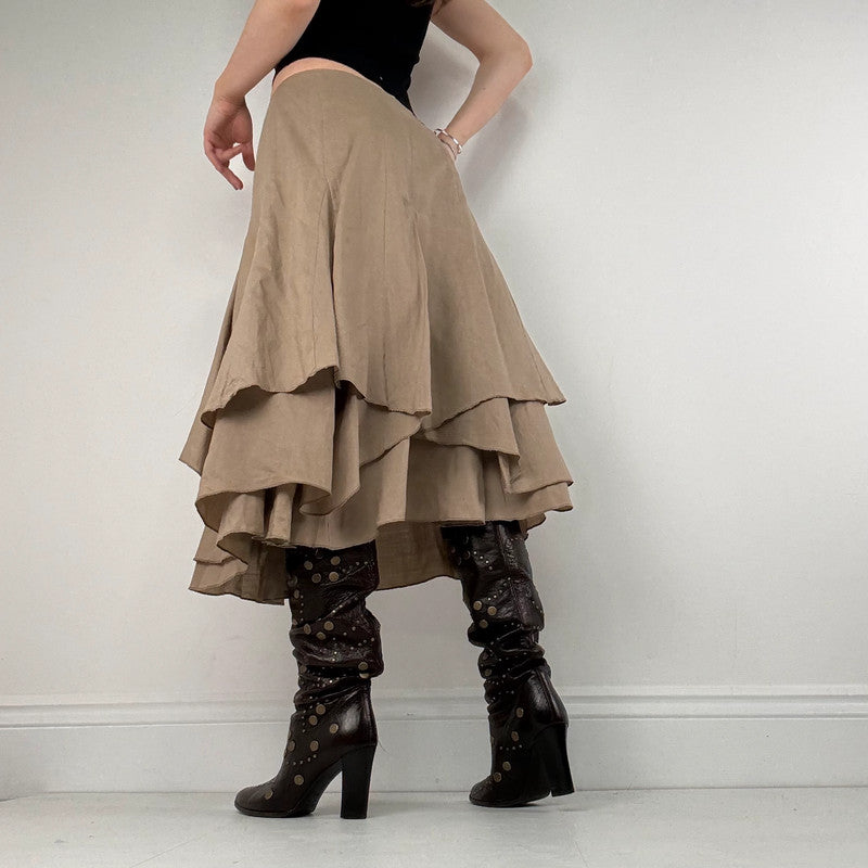 tan linen pleated asymmetric midi skirt