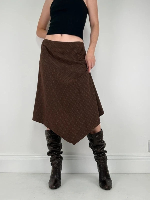 Pinstripe brown asymmetric draped midi skirt