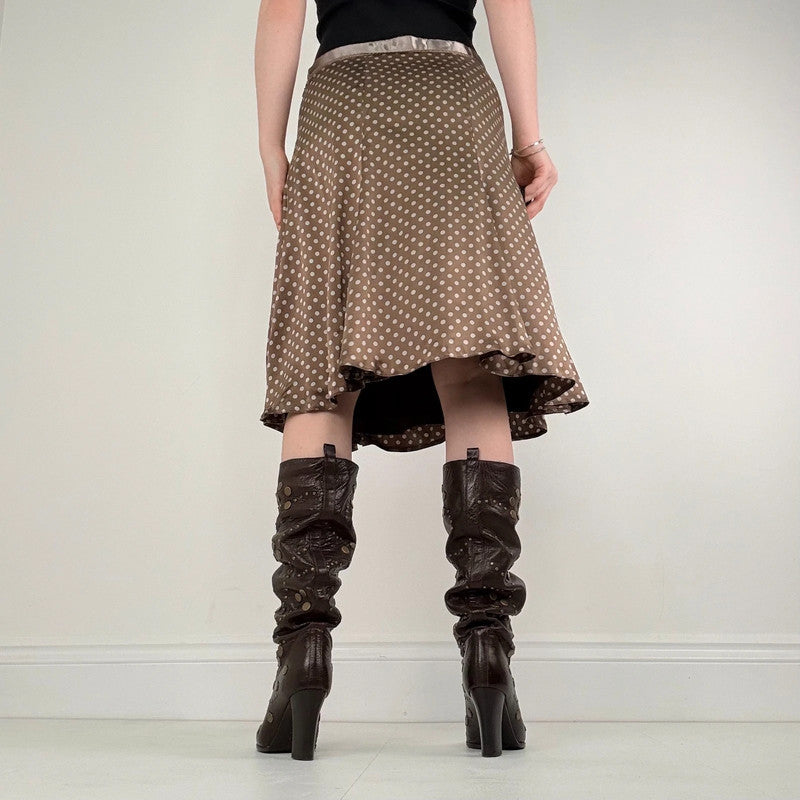 brown silk polka dot midi skirt