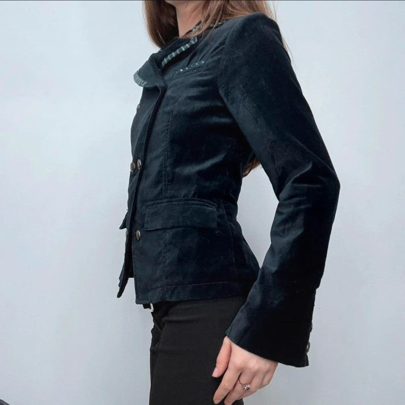Asymmetric cropped flared military jacket