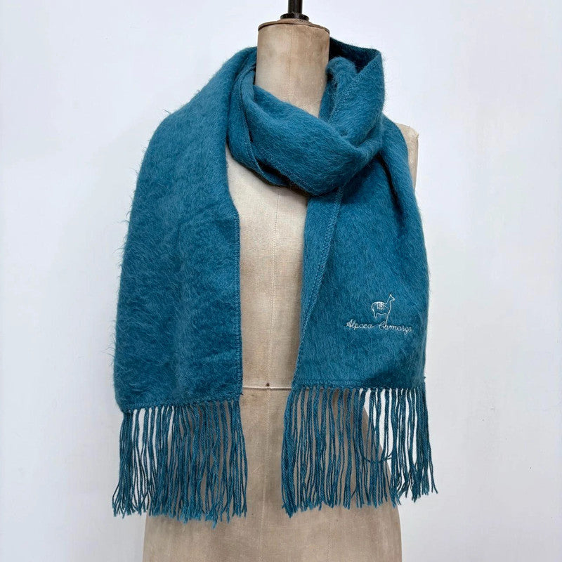 blue wool mohair knit tassel scarf