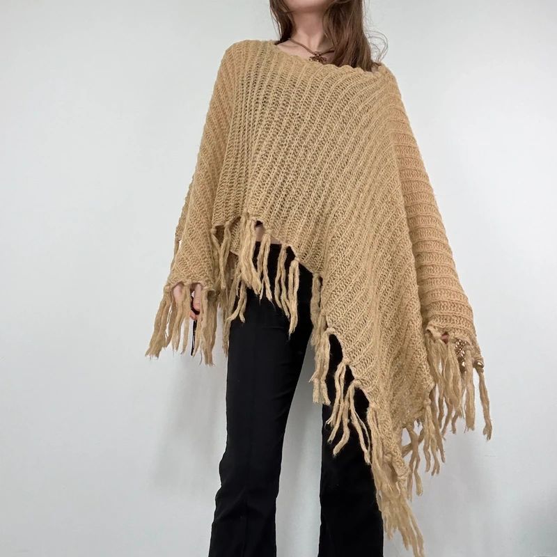 tan sheer knit crochet poncho