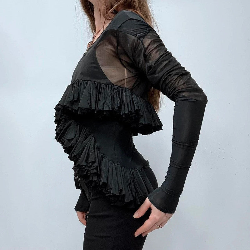 black layered ruffle flare shirt