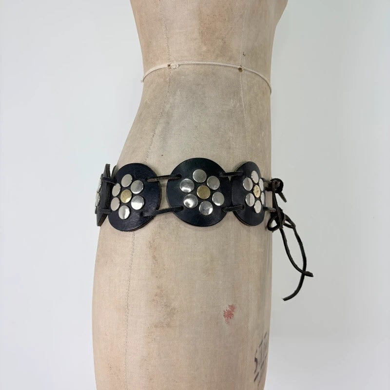 Black leather studded circle belt