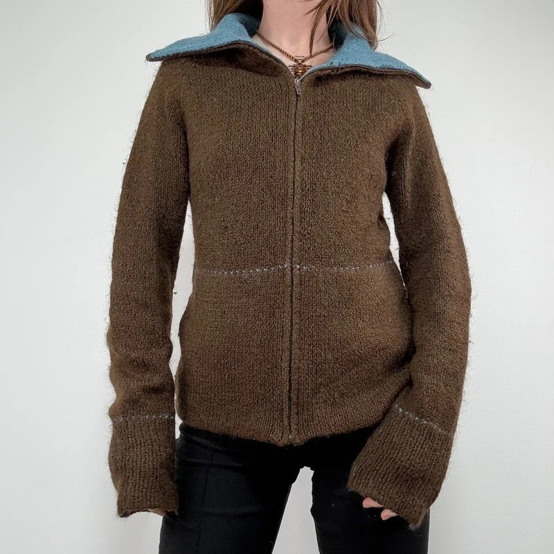 brown knit flared zip through cardigan
