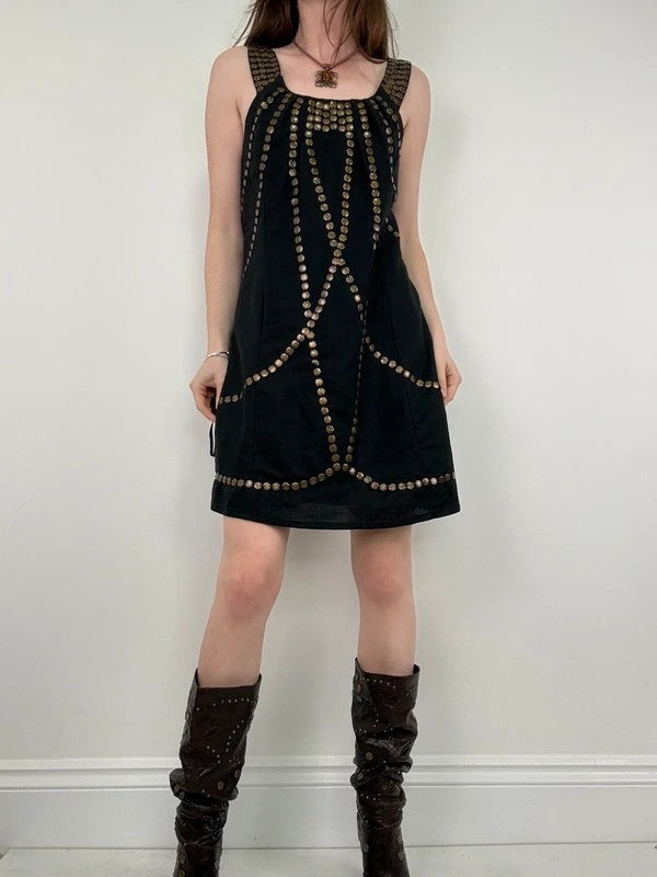 black linen metal gold studded mini Y2K party dress