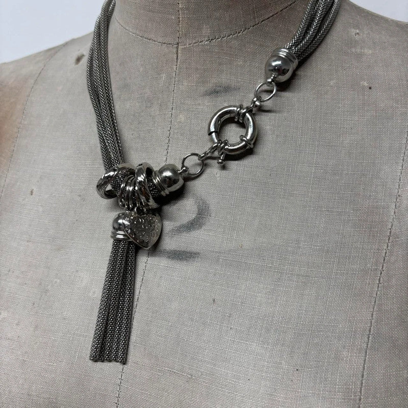 layered chunky silver chain tassle necklace