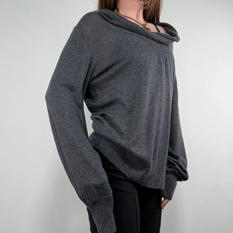 grey slouchy knit off-the-shoulder jumper, wool and silk blend