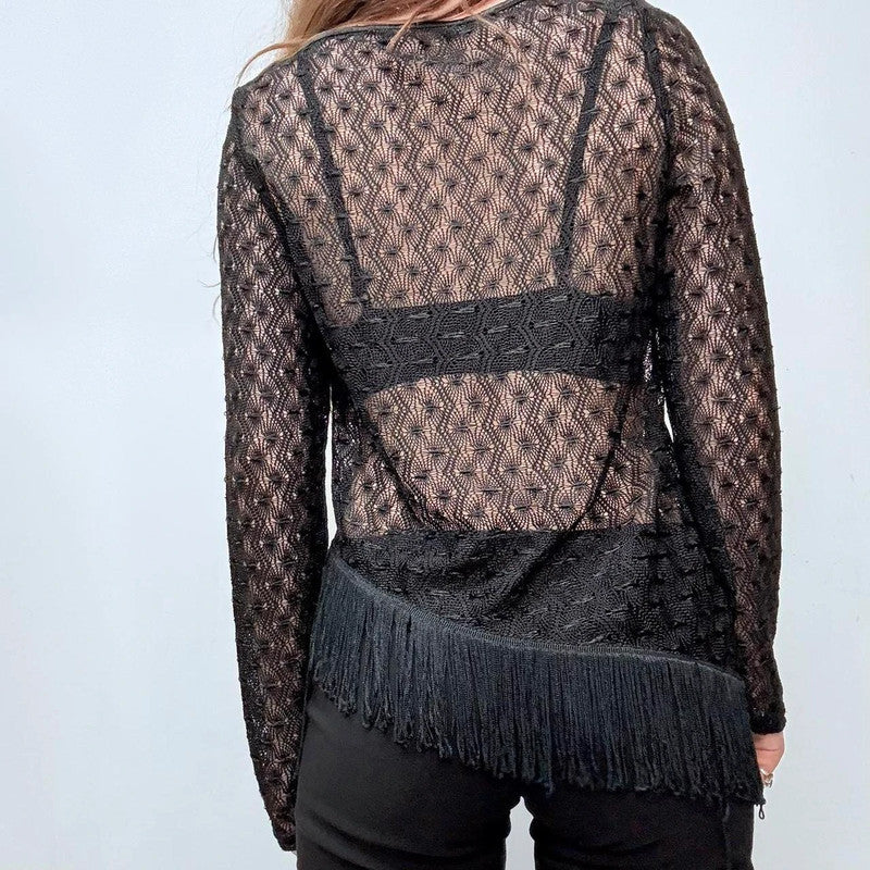 black sheer crochet lace tassel top