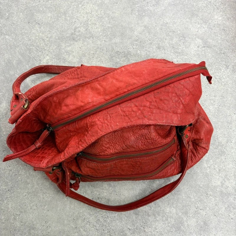 Vintage red leather cargo zipper city handbag