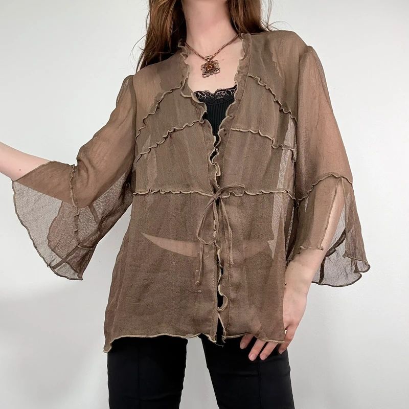 brown ruffle mesh slouchy flare shirt