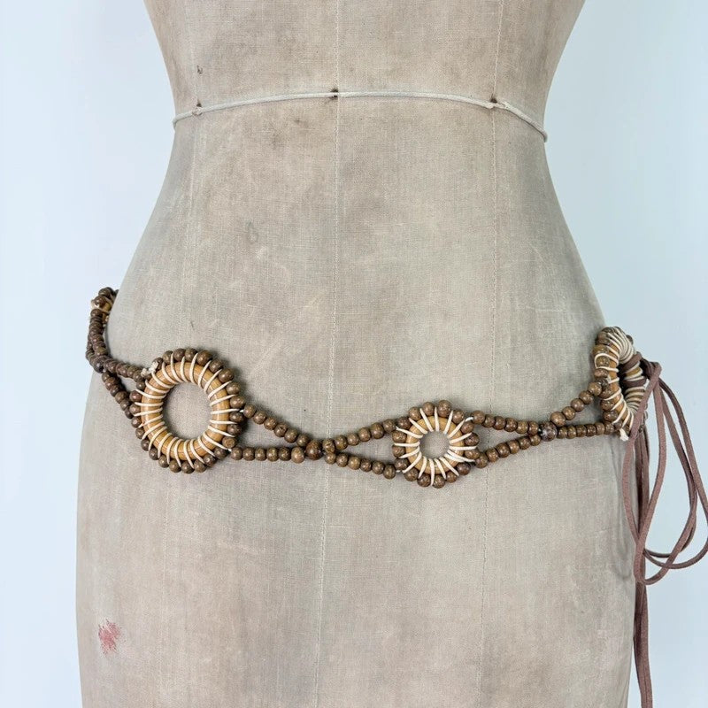 Woven beaded tie up waist belt