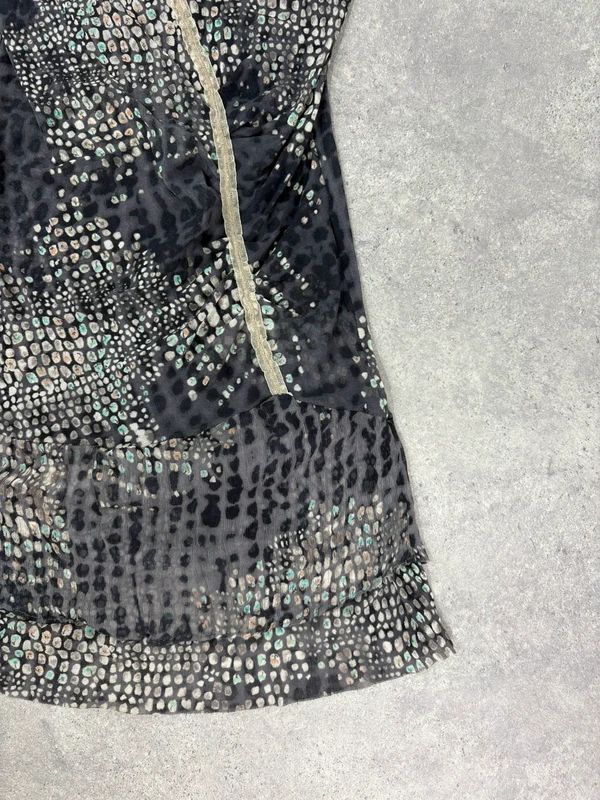 slouchy grey polkadot snake cowl neck draped mini dress