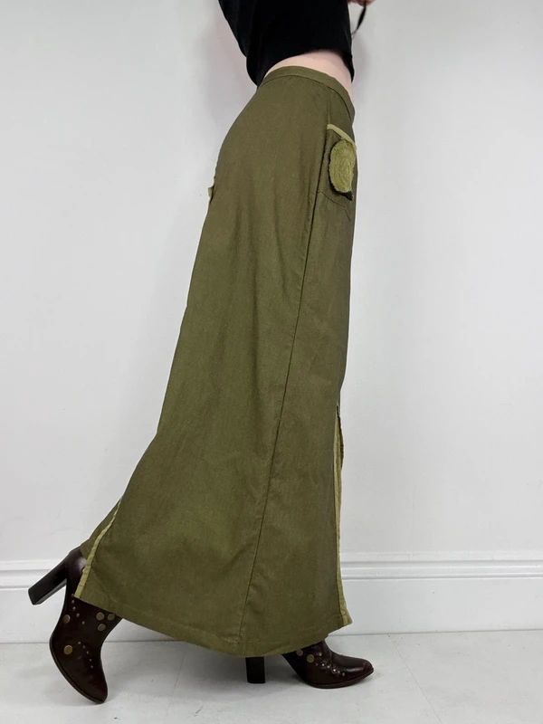 asymmetric khaki maxi skirt
