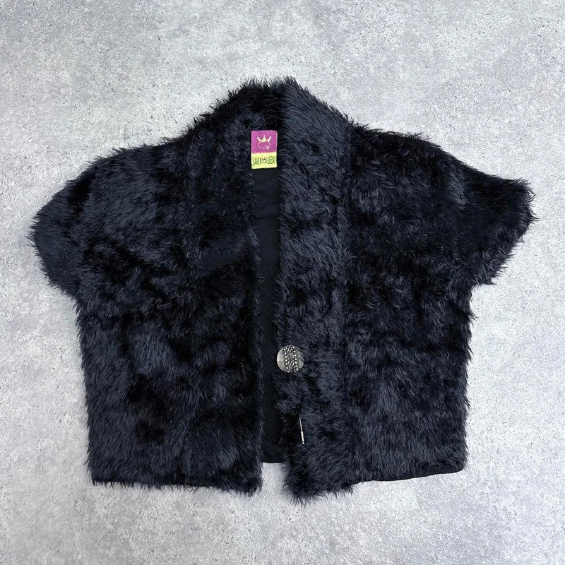 cropped black faux fur cardigan