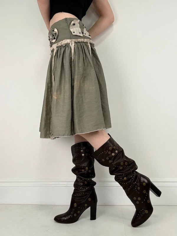 khaki pleated drop waist midi skirt