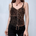 distressed brown ruffle button cami top