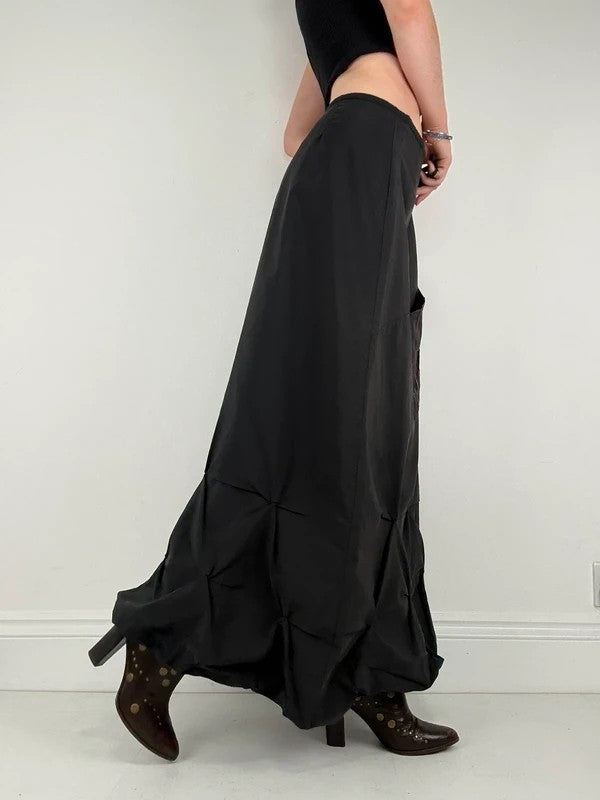 Black pleated puff maxi cargo skirt