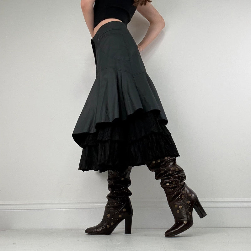 black pleated layered flared midi skirt