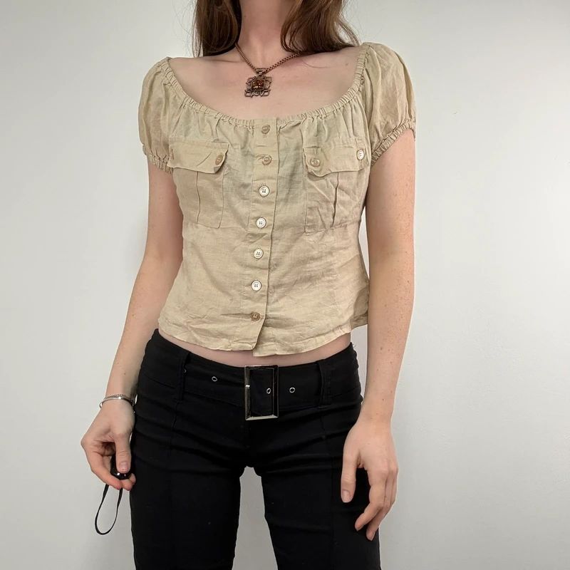 tan linen pleated button through slouchy blouse