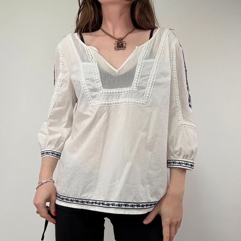 White Crochet Embroidered Cotton Blouse