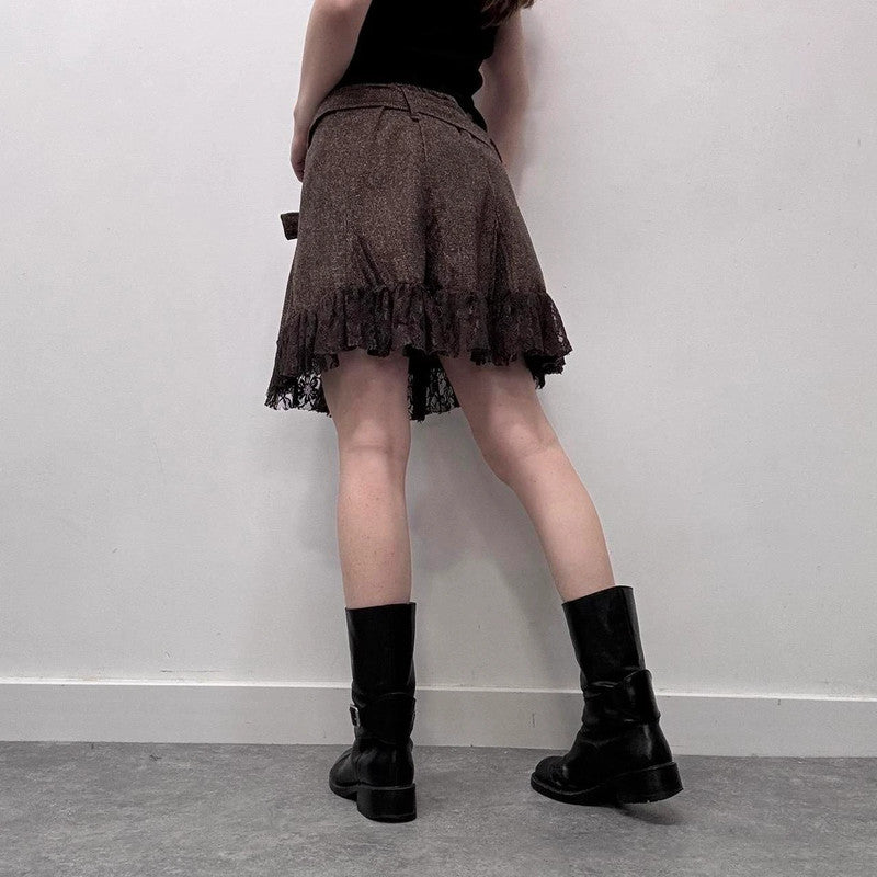 lace tweed brown mini ruffle skirt