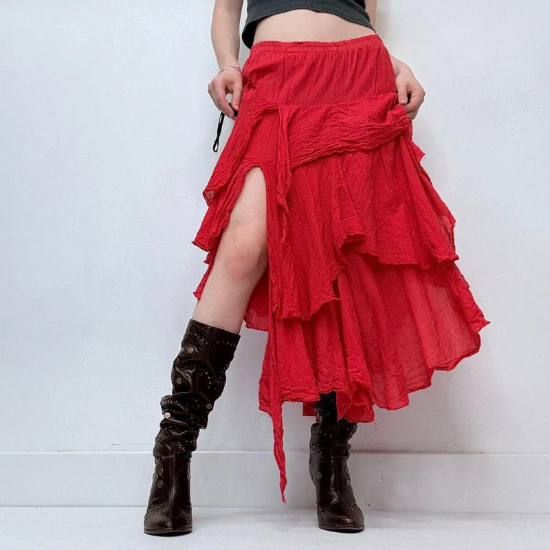 red asymmetric layered maxi skirt