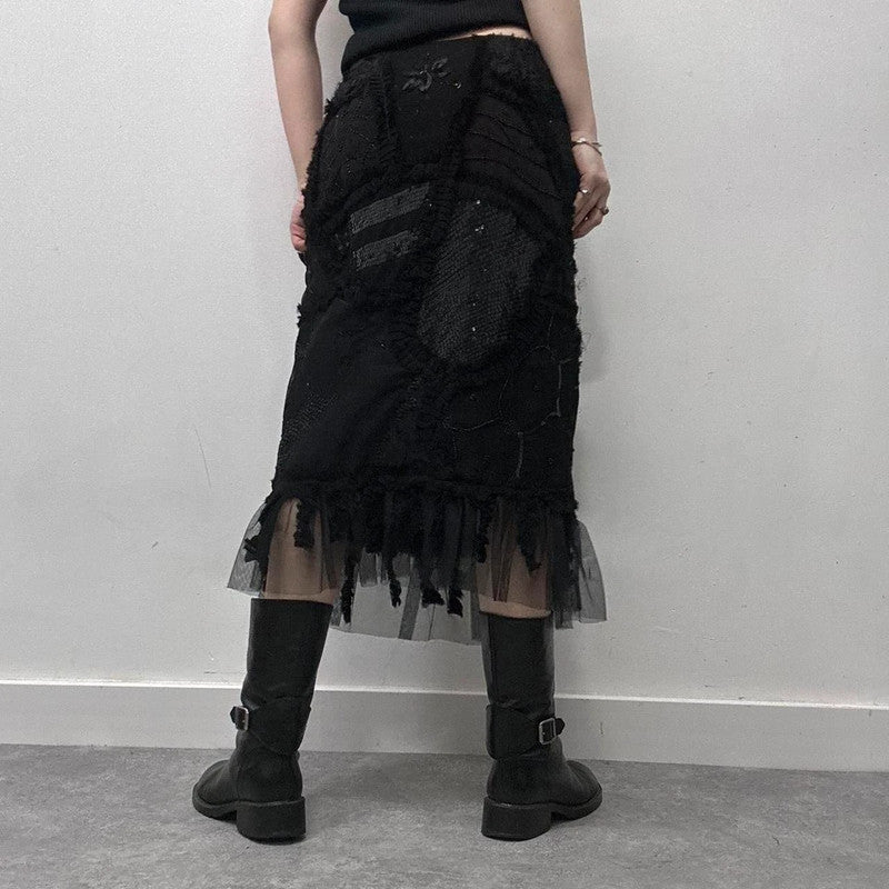 black sheer embroidered lace midi skirt