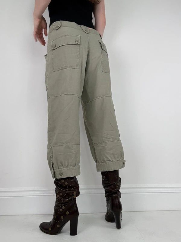 khaki linen cropped pleated capri utility pants
