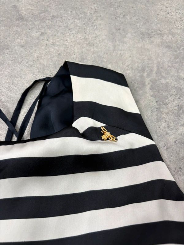 Navy and white striped asymmetric midi dress