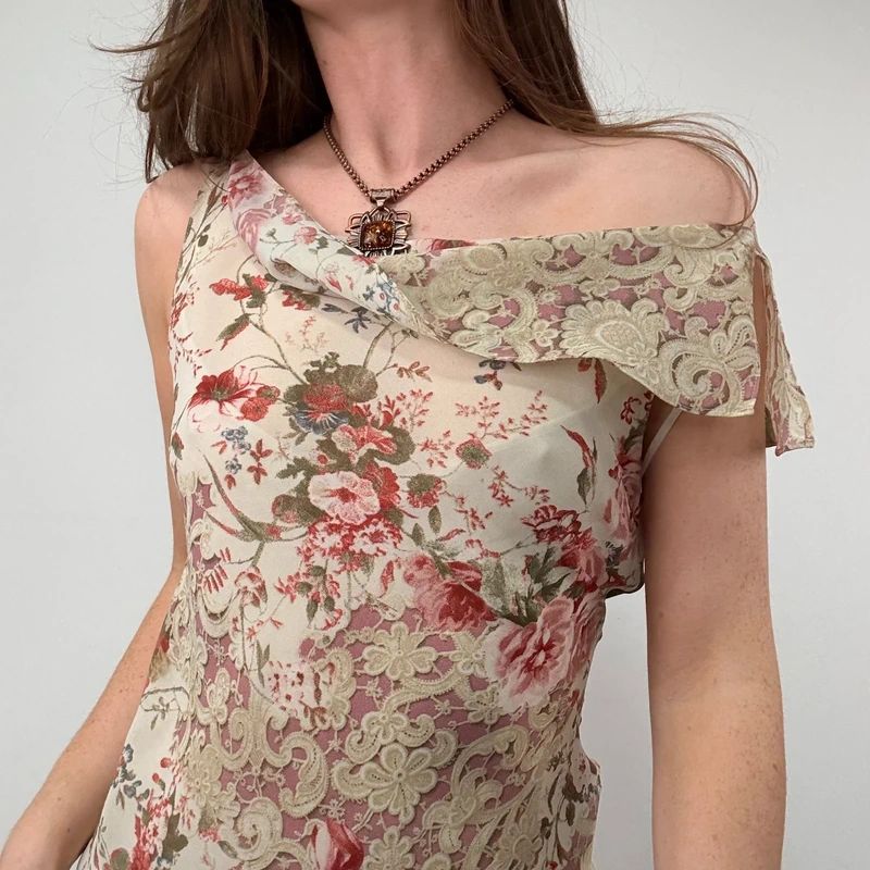 Lace Print cowl neck Drape Vest