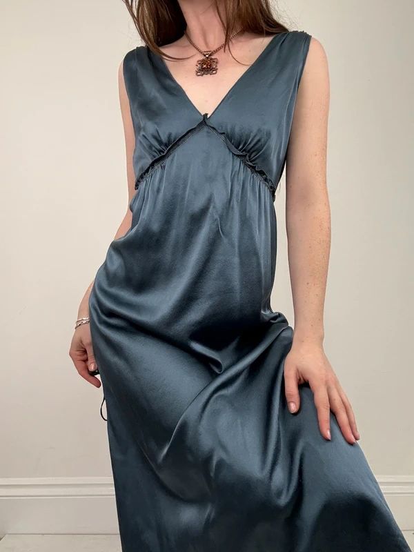 blue silk gathered floaty bias cut midi dress
