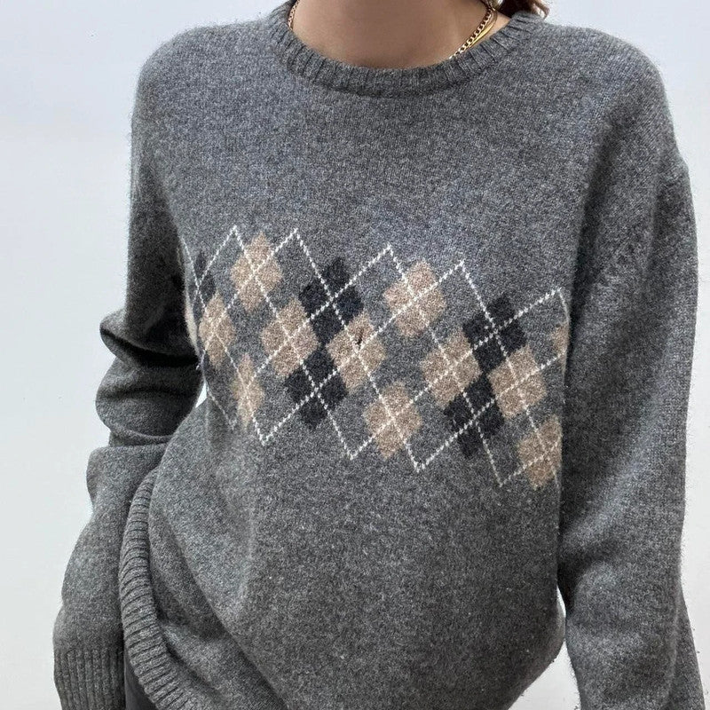 wool knitted grey argyle v-neck jumper