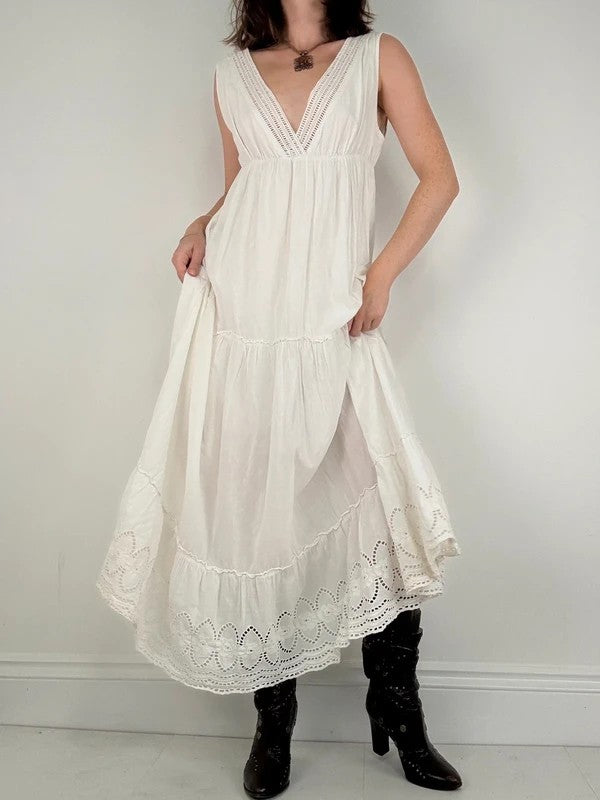 white cotton lace pleated tiered maxi dress