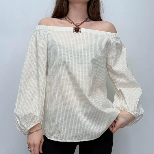 cream sheer off the shoulder puff shirt