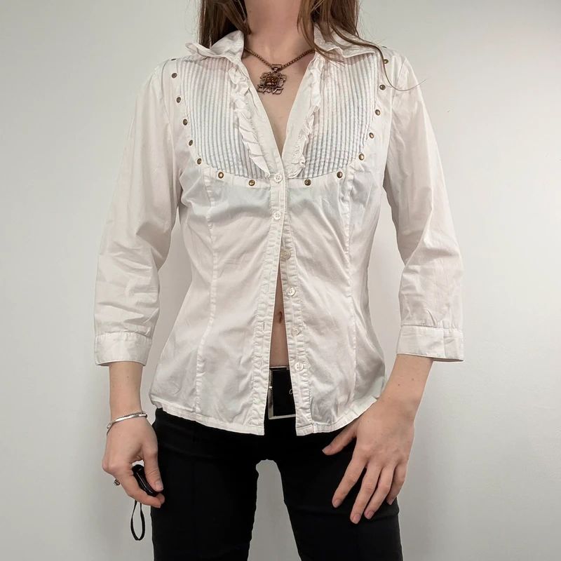 white pleated studded cotton napoleonic Morgan shirt