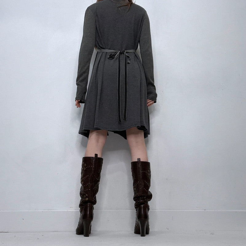 grey knitted long sleeve draped dress