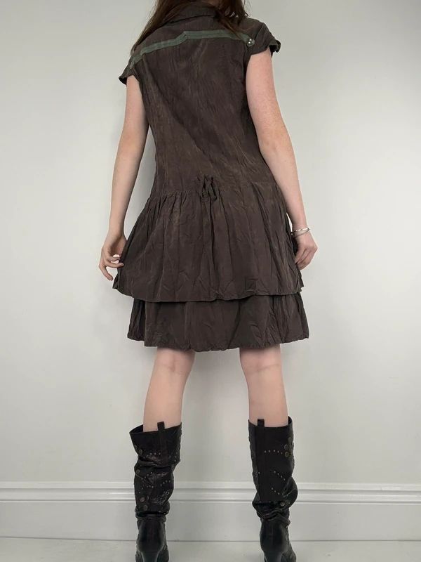 brown crinkle layered shirt dress