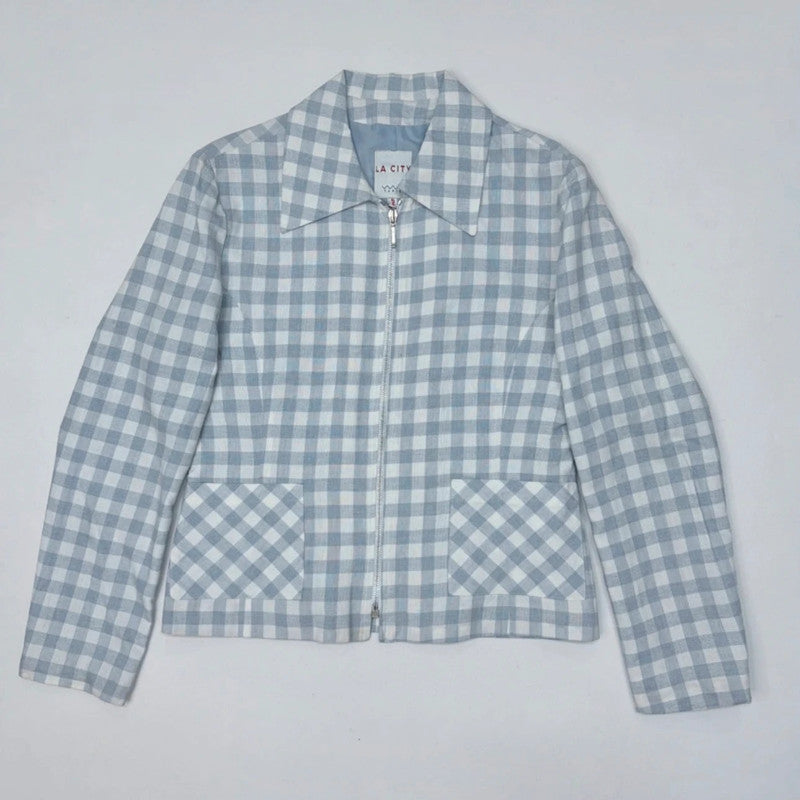 boxy blue and white gingham cropped linen zip-up jacket