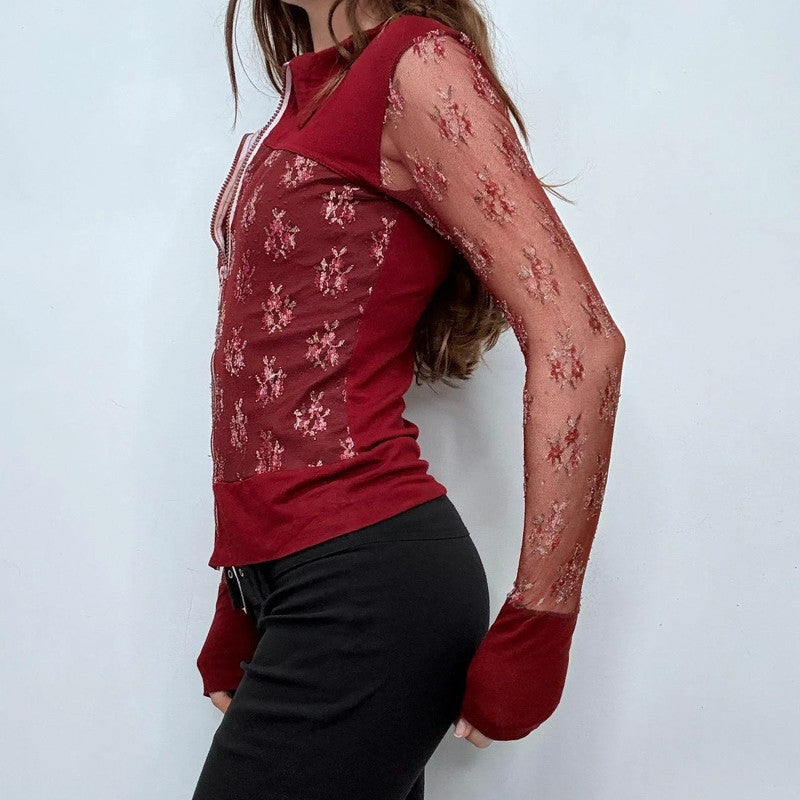 red lace sheer embroidered shirt