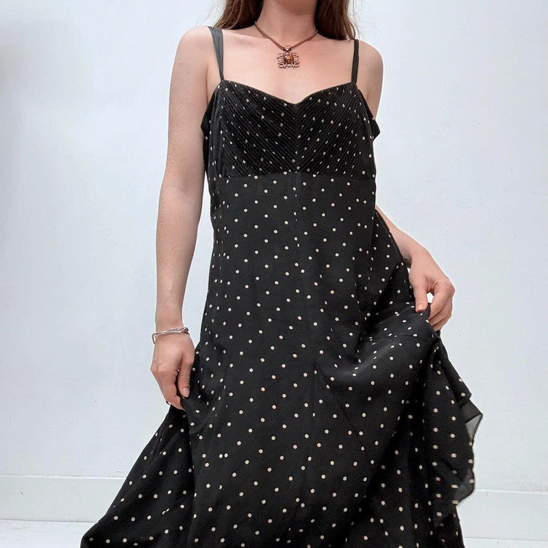 black polkadot flared flutter midi dress