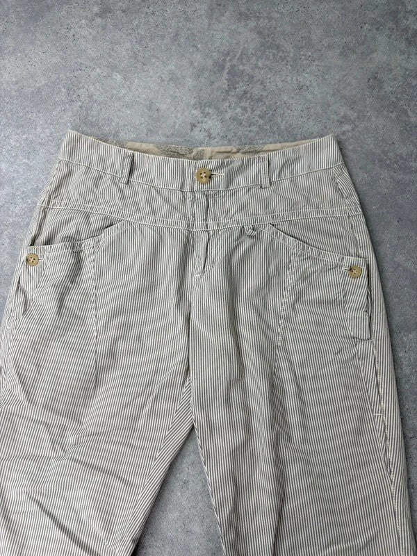 beige pinstripe cargo slim fit cotton trousers