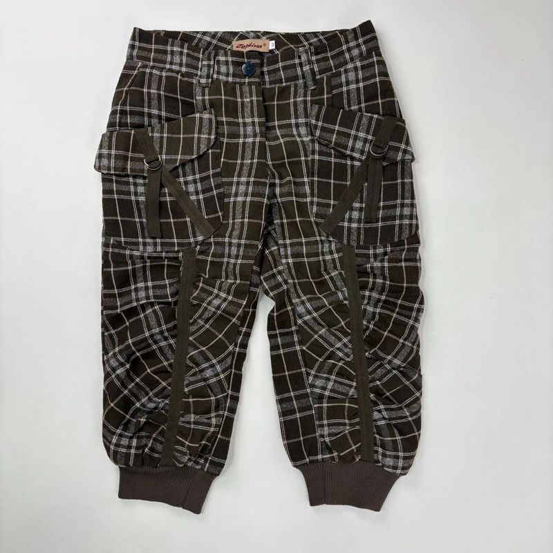 khaki tartan puff cinched capri trousers