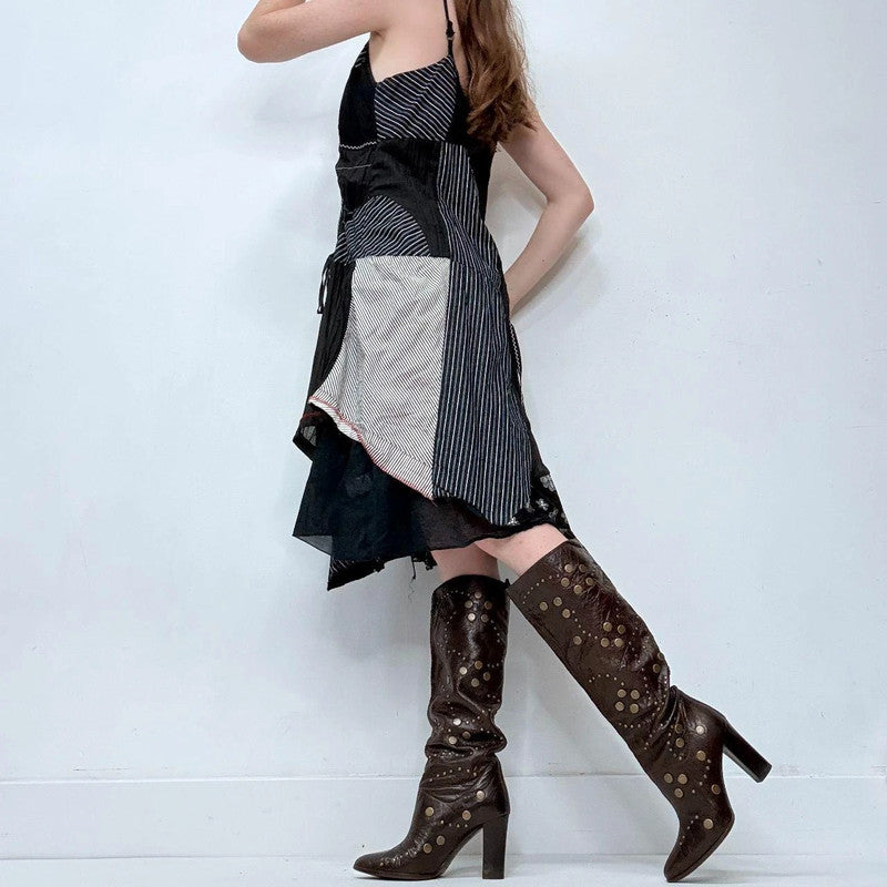 black patchwork polka dot asymmetric dress