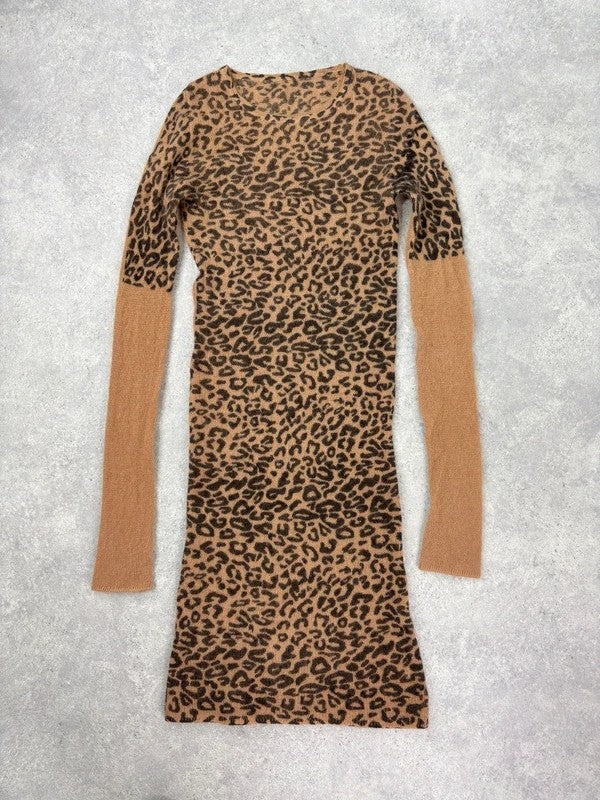 sheer knit long sleeve slouchy leopard printed dress