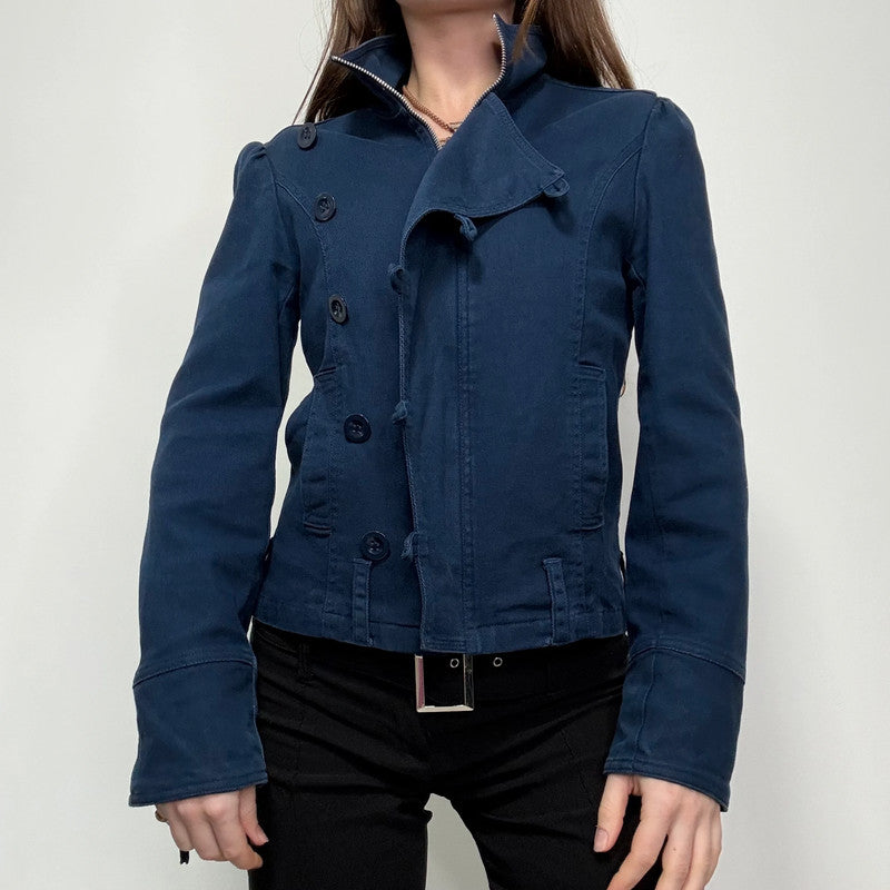blue asymmetric button military jacket